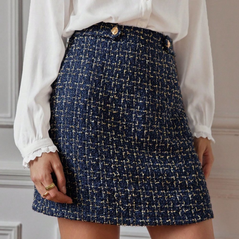 Navy Blue Preppy Womens Plaid Pattern Tweed Skirt - Picture 3 of 4
